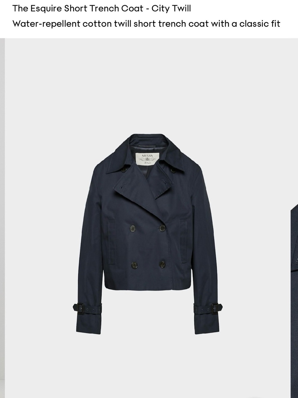 Aritzia Esquire Navy Double-Breasted Short Trench Coat